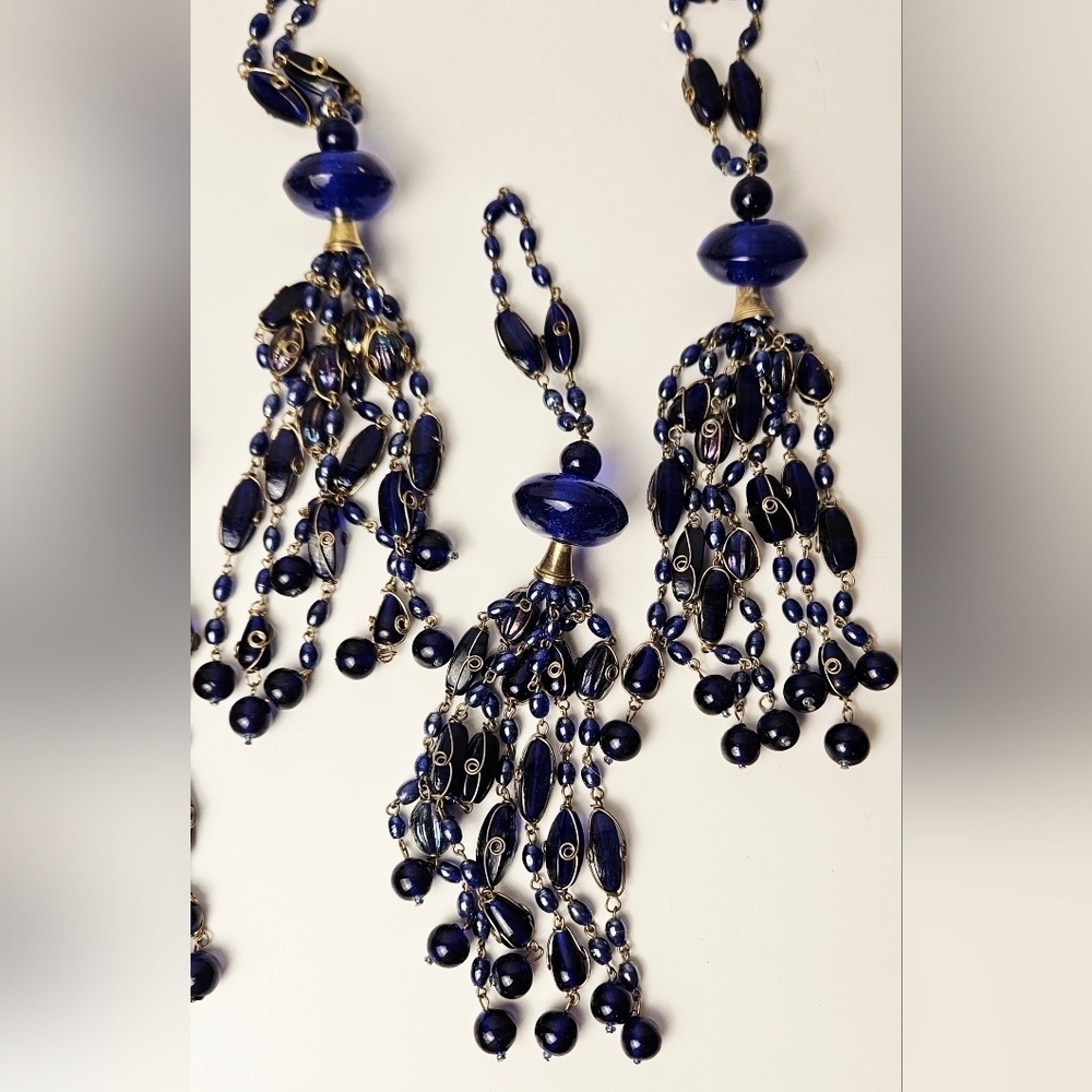 Vintage Cobalt Blue Glass Beaded Tassel Christmas Ornaments Set of 9